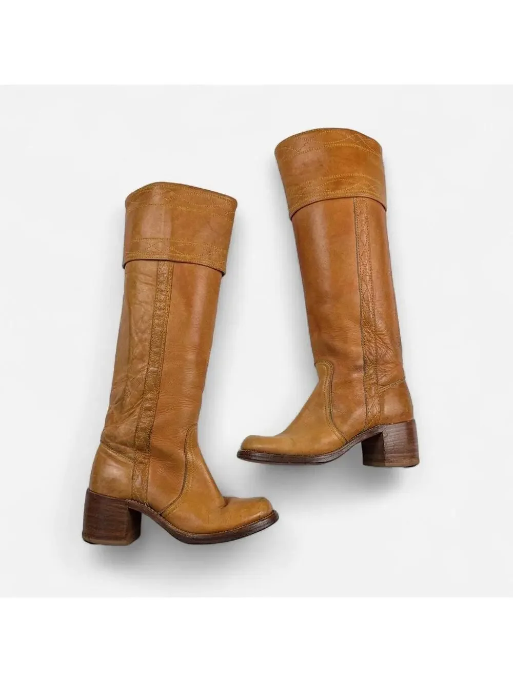 Frye 60s 70s Campus Boots Tall Stacked Heel Pull On in Cognac Brown Black Label